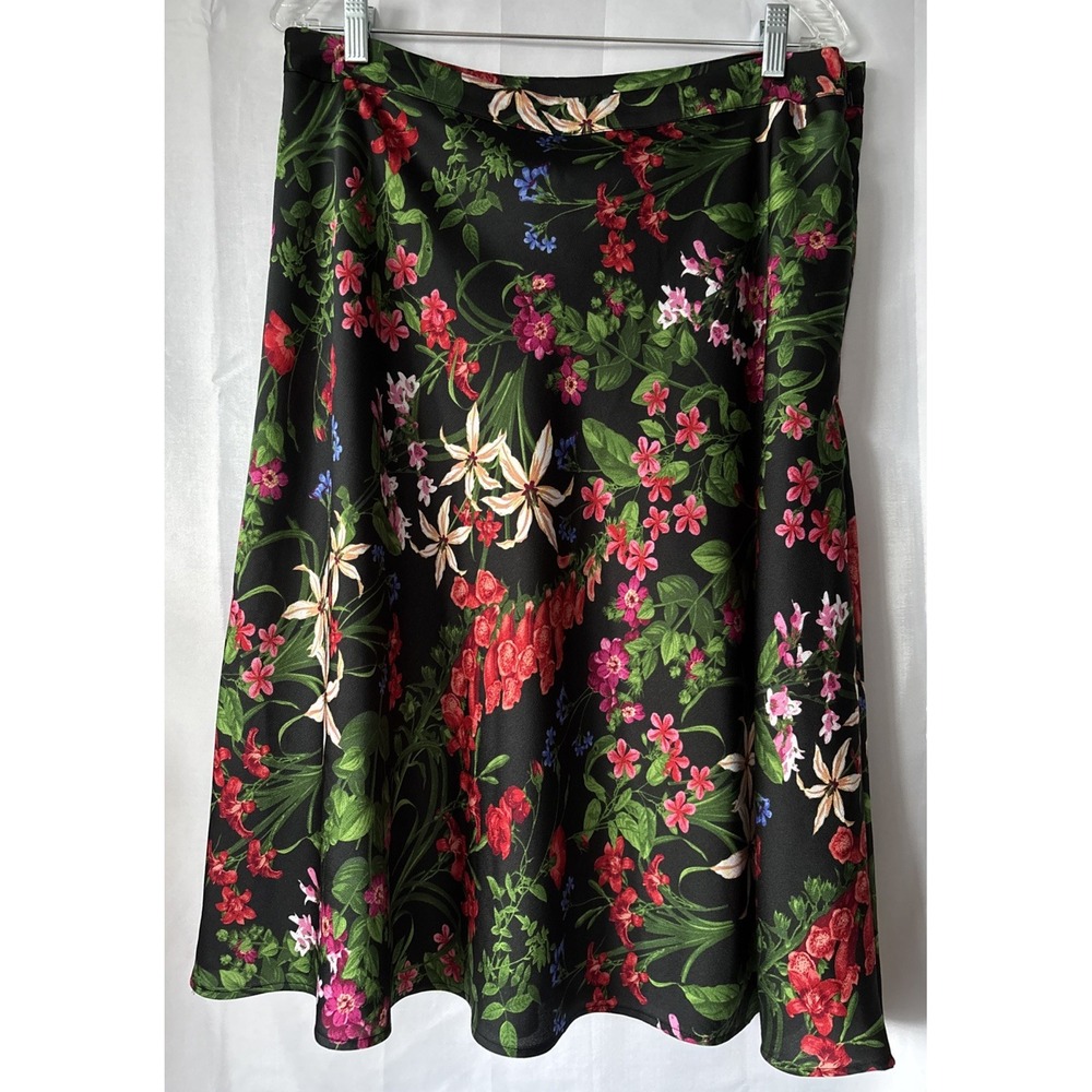 Liz Claiborne Career Skirt  14‎ Black Floral Sheer Midi A Line Office Casual